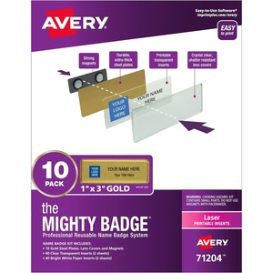 Avery Reusable Magnetic Professional Name Badge System, 1″ x 3″ Gold Name Tags, 10 Identification Badges, 80 Laser Printable Inserts, Design Software Included (71204)(Laser)
