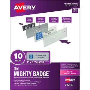 Avery Reusable Magnetic Professional Name Badge System, 1″ x 3″ Silver Name Tags, 10 Identification Badges, 80 Laser Printable Inserts, Design Software Included (71206)(Laser)