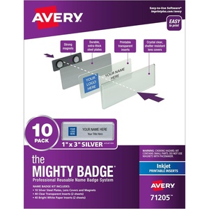 Avery Reusable Magnetic Professional Name Badge System, 1″ x 3″ Silver Name Tags, 10 Identification Badges, 80 Laser Printable Inserts, Design Software Included (71206)(Inkjet)