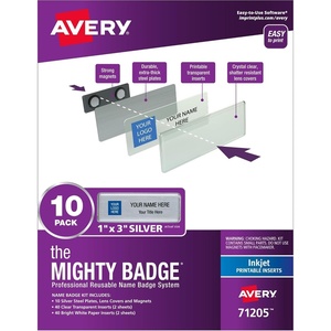 Avery Reusable Magnetic Professional Name Badge System, 1″ x 3″ Silver Name Tags, 10 Identification Badges, 80 Laser Printable Inserts, Design Software Included (71206)(Silver)