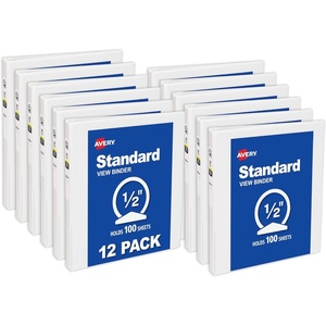 Avery Standard View 3 Ring Binders, 0.5″ Round Rings, 100-Sheet Capacity, 0.7 Inch Wide Spine, White Binders, Ideal for Lightweight Organization and Occasional Referencing (12-Pack of 05706)(0.5″)