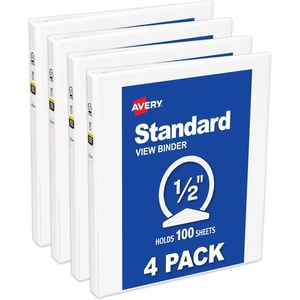 Avery Standard View 3 Ring Binders, 1″ Round Rings, 175-Sheet Capacity, 1.4 Inch Wide Spine, White Binders, Ideal for Lightweight Organization and Occasional Referencing (4-Pack of 19200)(0.5″)