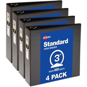 Avery Standard View 3 Ring Binders, 3″ Round Rings, 460-Sheet Capacity, 3.5 Inch Wide Spine, Black Binders, Ideal for Lightweight Organization and Occasional Referencing (4-Pack of 03361)