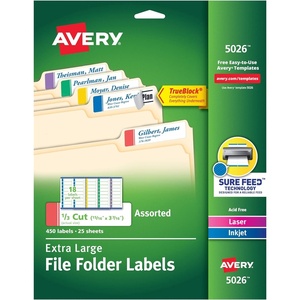 Avery TrueBlock Extra Large File Folder Labels, 15/16″ x 3-7/16″, 450 Printable Labels, Assorted Colors (5026)(15/16 x 3-7/16 in)