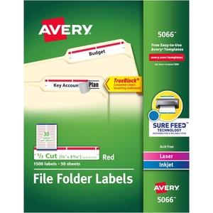 Avery TrueBlock File Folder Labels, 2/3″ x 3-7/16″, 1,500 Printable Labels, White/Red, Permanent (5066)(1)