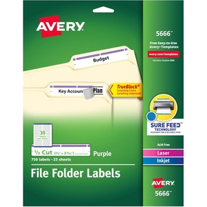 Avery TrueBlock File Folder Labels, 2/3″ x 3-7/16″, 750 Printable Labels, White/Purple, Permanent (5666)(One Size)