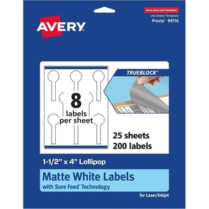 Avery TrueBlock Matte White Lollipop Labels, Sure Feed Technology, 1.5″ x 4″, 800 Matte White Labels, Print-to-The-Edge, Laser/Inkjet Printable, Great for Packaging and Product Merchandising(200 labels)