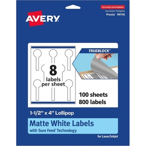 Avery TrueBlock Matte White Lollipop Labels, Sure Feed Technology, 1.5″ x 4″, 800 Matte White Labels, Print-to-The-Edge, Laser/Inkjet Printable, Great for Packaging and Product Merchandising(800 labels)