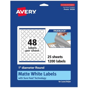 Avery TrueBlock Matte White Round Labels with Sure Feed, 1″ Diameter, 480 Matte White Labels, Print-to-the-Edge, Laser/Inkjet Printable Labels, Great for Product Labels and Price Stickers(1 200 labels)