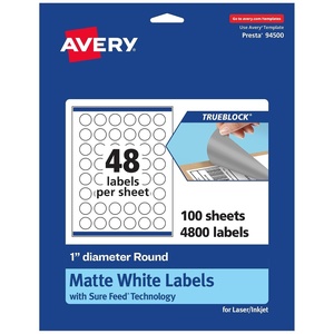 Avery TrueBlock Matte White Round Labels with Sure Feed, 1″ Diameter, 480 Matte White Labels, Print-to-the-Edge, Laser/Inkjet Printable Labels, Great for Product Labels and Price Stickers(4 800 labels)