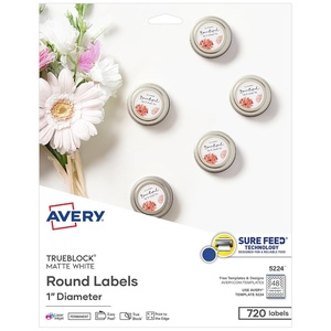 Avery TrueBlock Matte White Round Labels with Sure Feed, 1″ Diameter, 480 Matte White Labels, Print-to-the-Edge, Laser/Inkjet Printable Labels, Great for Product Labels and Price Stickers(720 labels)