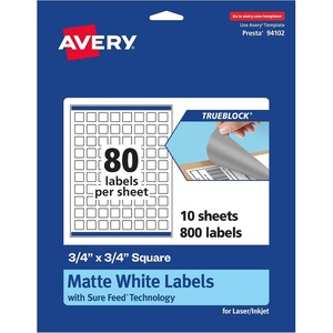 Avery TrueBlock Matte White Square Labels, Sure Feed Technology, 0.75″ x 0.75″, 800 Matte White Labels, Print-to-The-Edge, Laser/Inkjet Printable, Great for Product Merchandising Stickers(800 labels)