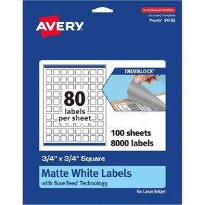 Avery TrueBlock Matte White Square Labels, Sure Feed Technology, 0.75″ x 0.75″, 800 Matte White Labels, Print-to-The-Edge, Laser/Inkjet Printable, Great for Product Merchandising Stickers(8 000 labels)