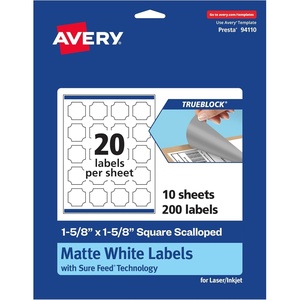 Avery TrueBlock Matte White Square Scalloped Labels with Sure Feed, 1-5/8″ x 1-5/8″, 200 Matte White Labels, Print-to-The-Edge, Laser/Inkjet Printable Labels, Great for Packaging and Product Labels(200 labels)