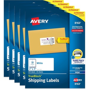 Avery TrueBlock Printable Shipping Labels with Sure Feed, 2″ x 4″ Customizable Stickers, White, 1,250 Blank Mailing Labels Total (5-Pack of 8163)