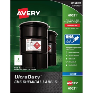 Avery Ultra Duty GHS Chemical Labels for Pigment Inkjet Printers, Waterproof, UV Resistant, 8.5 x 11 (60521)(8-1/2″ x 11″)