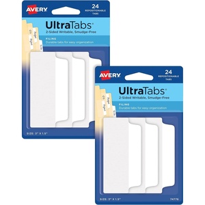 Avery Ultra Tabs, File Tabs, 3″ x 1.5″, 2-Side Writable, White, Self-Adhesive, 24 Per Pack, 48 Total (2-Pack of 74776)