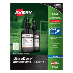 Avery UltraDuty GHS Chemical Labels for Pigment Inket Printers, Waterproof, UV Resistant, 2×2, 600Pk (60526)