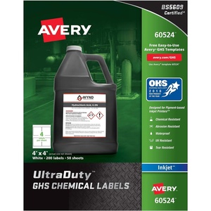 Avery UltraDuty GHS Chemical Labels for Pigment Inket Printers, Waterproof, UV Resistant, 4×4, 200Pk (60524)