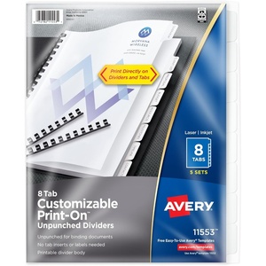 Avery Unpunched Print-On Dividers, White, 8 Tabs, 5 Sets (11553)(White)