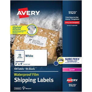 Avery Waterproof Labels with Ultrahold Permanent Adhesive, 2″ x 4″, Laser, 5-Pack, 2,500 Labels Total (05523)