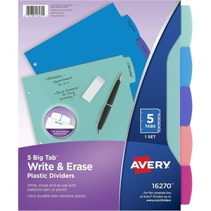 Avery Write & Erase Dividers for 3 Ring Binders, 5 Tabs per Set, Multicolor Big Tabs, Pastels, Binder Dividers Great for Organizing Reports, Projects, and More (16270)