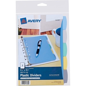 Avery Write & Erase Durable Plastic Mini Dividers for 3 Ring Binders and 7-Ring Binders, 5.5″ x 8.5″, 5-Tab Set, Multicolor, 1 Set (16180)