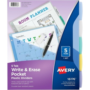 Avery Write & Erase Pocket Plastic Dividers for 3 Ring Binders, 5 Tab Set, Works with Sheet Protectors, Multicolor, 1 Set (16176)(5 Count (Pack of 1))