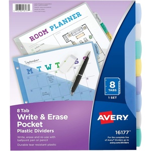 Avery Write & Erase Pocket Plastic Dividers for 3 Ring Binders, 8-Tab Sets, Multicolor, Tabs Viewable Beyond Sheet Protectors, 1 Set (16177)