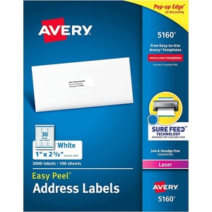 Easy Peel White Address Labels w/ Sure Feed Technology, Laser Printers, 1 x 2.63, White, 30/Sheet, 100 Sheets/Box