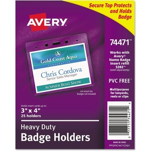 Secure Top Heavy-Duty Badge Holders, Horizontal, 4w x 3h, Clear, 25/Pack