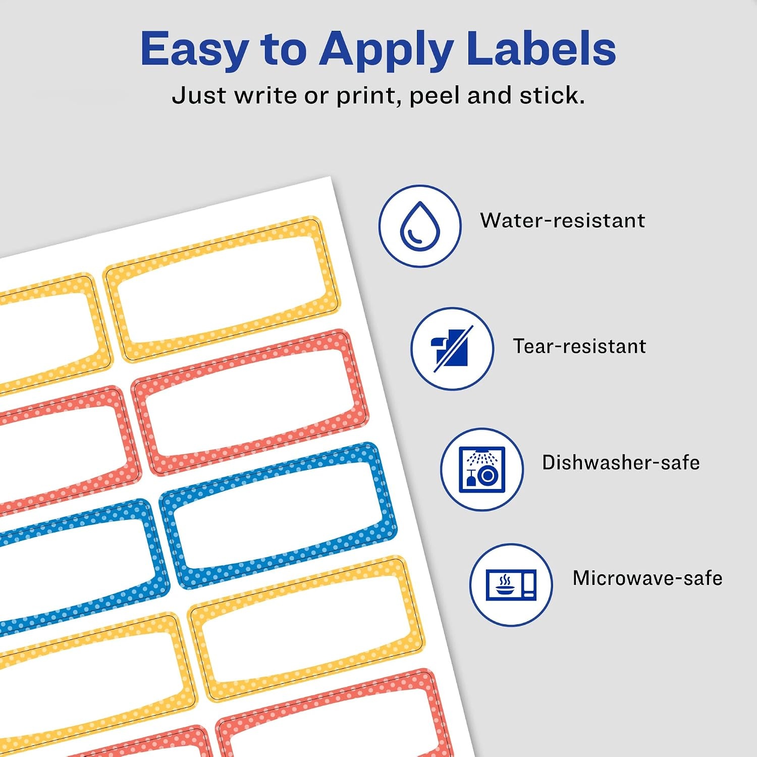 image:imageAvery Durable Labels for Kids Gear 34 x 134 Assorted Border Colors WaterResistant Labels 60 Total 414420