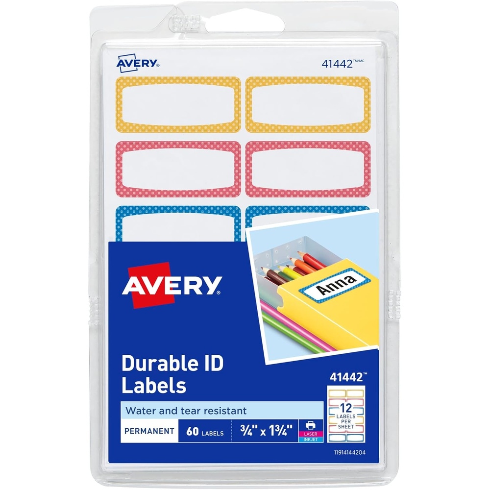 image:imageAvery Durable Labels for Kids Gear 34 x 134 Assorted Border Colors WaterResistant Labels 60 Total 414420
