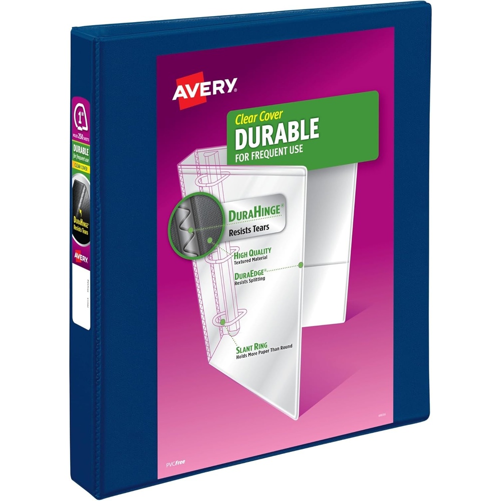 image:imageAvery Durable View 3 Ring Binder 1 Inch Slant Rings 250Sheet Capacity DuraHinge 14 Inch Wide Spine Customizable Clear Covers and Spine 1 Dark Blue Binder 170141