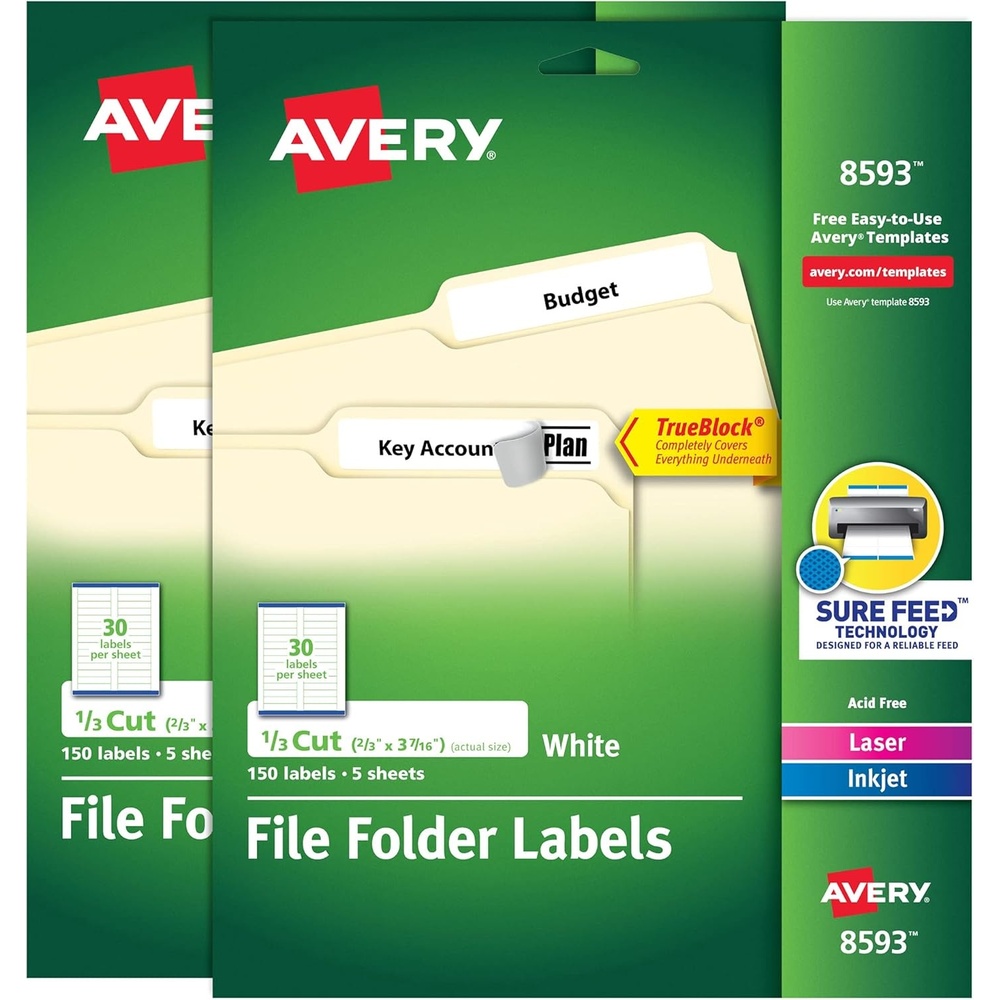 image:imageAvery File Folder Labels with TrueBlock Technology Permanent Adhesive 23 x 3716 LaserInkjet 2Pack 300 Labels Total 28593File Folder Labels