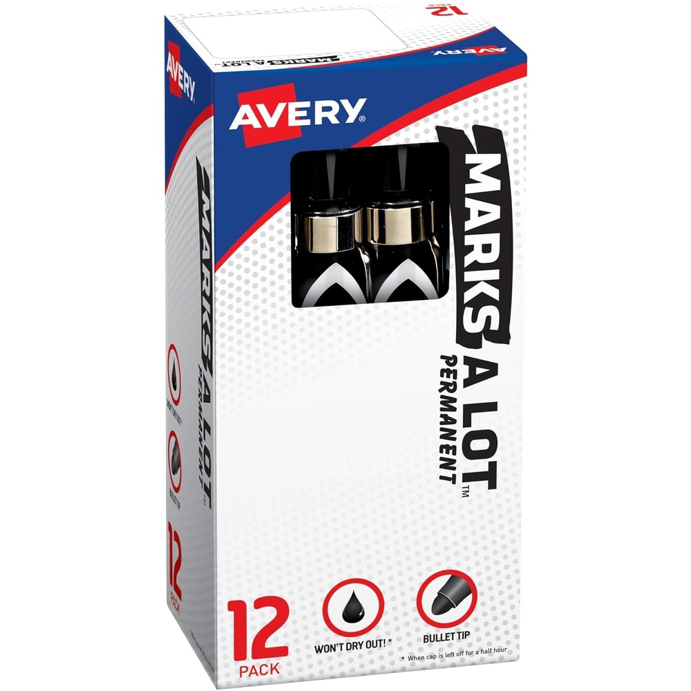 image:imageAvery MarksALot Permanent Markers Large DeskStyle Size Bullet Tip Water and Wear Resistant 12 Black Markers 24878