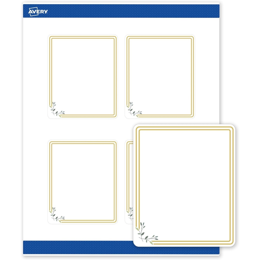 image:imageAvery Printable Rectangle Labels Gold Double Border Florals 4 x 313 Matte White Rectangle Labels Permanent LaserInkjet 40ct Great for Product MerchandisingDouble Gold Border With Florals