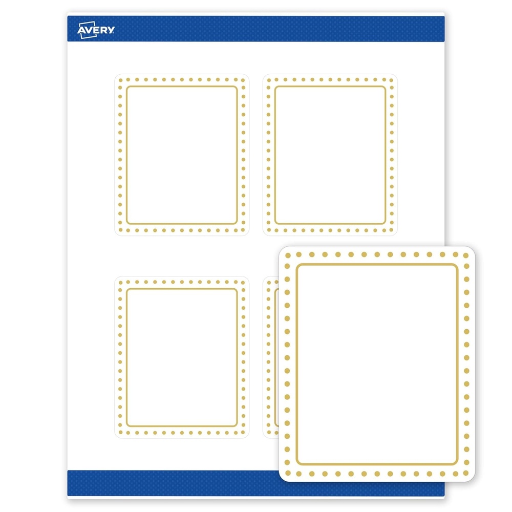 image:imageAvery Printable Rectangle Labels Gold DoubleDipped Edge 4 x 313 Matte White Rectangle Labels Permanent LaserInkjet 40ct Great for Product MerchandisingGold Border With Gold Dots