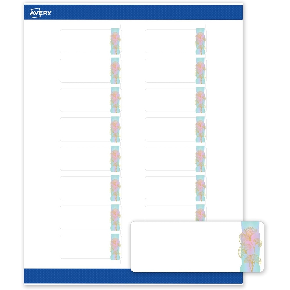 image:imageAvery Printable Rectangle Labels Sure Feed Technology Double Gold Border Florals Design 1 x 258 Matte White Permanent Labels LaserInkjet 160 Total Great for AddressingWatercolors With Gold Ginkgo Leaves