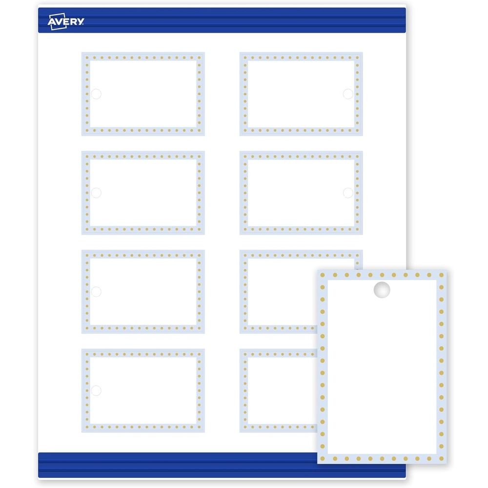 image:imageAvery Printable Rectangle Tags Gold Dots Green Florals 2 x 3 Matte White LaserInkjet 80ct Great for Product TagsBlue Border With Gold Dots