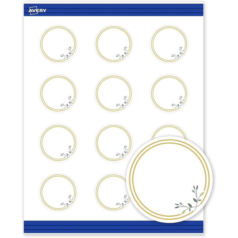 image:imageAvery Printable Round Cards Sure Feed Technology 2 Diameter Matte White with Blue Border Gold Dots Design Laser amp Inkjet Compatible 120 Total Great for Branding Weddings and MoreDouble Gold Border with Florals