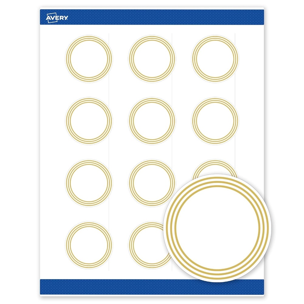 image:imageAvery Printable Round Labels Sure Feed Technology Gold Dots Edge Design 2 Diameter Matte White Permanent Labels LaserInkjet 120 Total Great for Product MerchandisingMultilined Gold Border