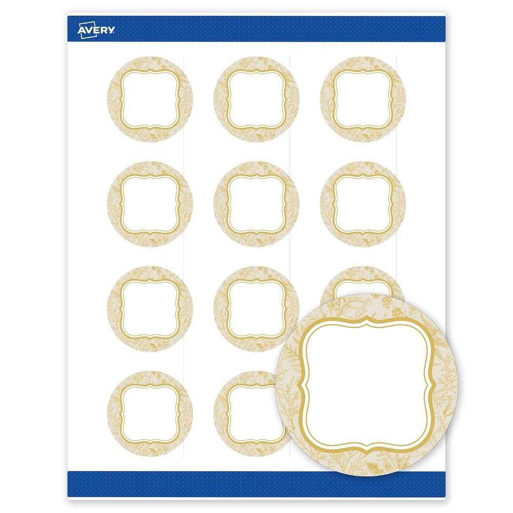 image:imageAvery Printable Round Labels Sure Feed Technology Gold Dots Edge Design 2 Diameter Matte White Permanent Labels LaserInkjet 120 Total Great for Product MerchandisingFlourished Metallic Gold Florals