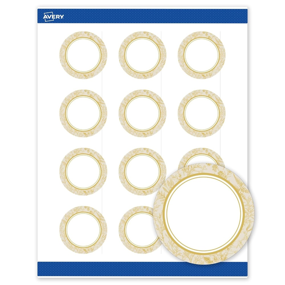 image:imageAvery Printable Round Labels Sure Feed Technology Gold Dots Edge Design 2 Diameter Matte White Permanent Labels LaserInkjet 120 Total Great for Product MerchandisingArched Metallic Gold Florals
