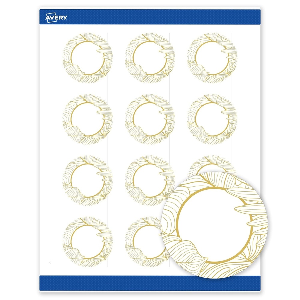 image:imageAvery Printable Round Labels Sure Feed Technology Gold Dots Edge Design 2 Diameter Matte White Permanent Labels LaserInkjet 120 Total Great for Product MerchandisingGold Monstera Leaves