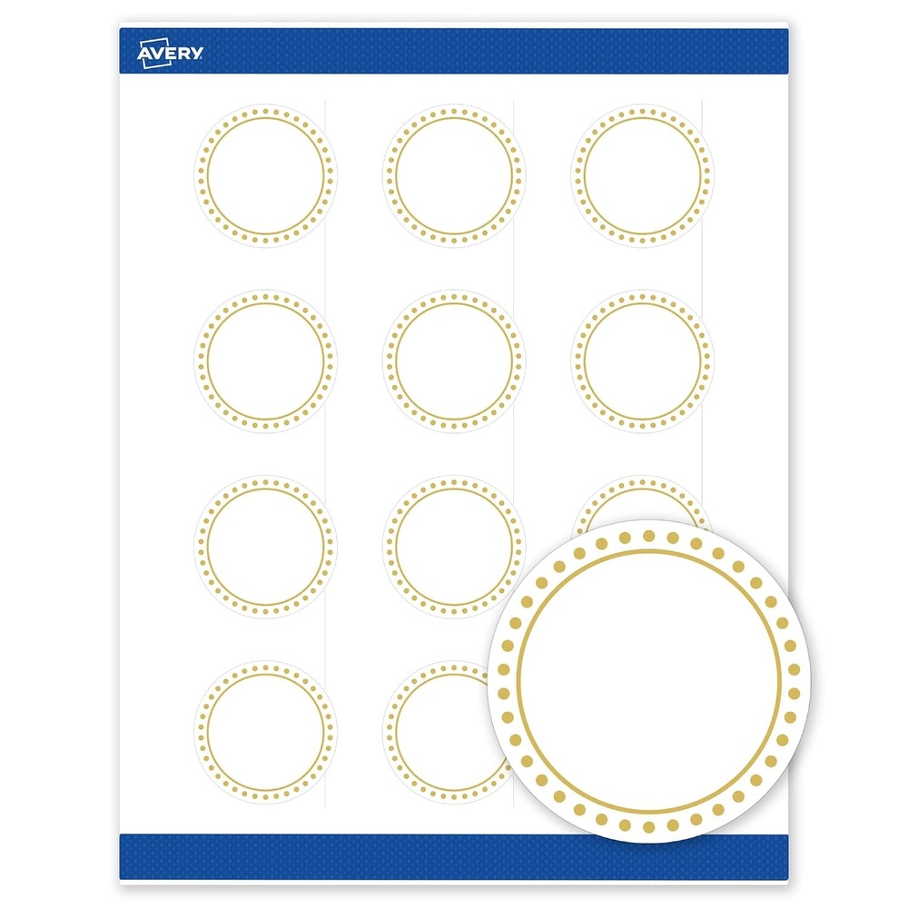 image:imageAvery Printable Round Labels Sure Feed Technology Gold Dots Edge Design 2 Diameter Matte White Permanent Labels LaserInkjet 120 Total Great for Product MerchandisingGold Border With Gold Dots