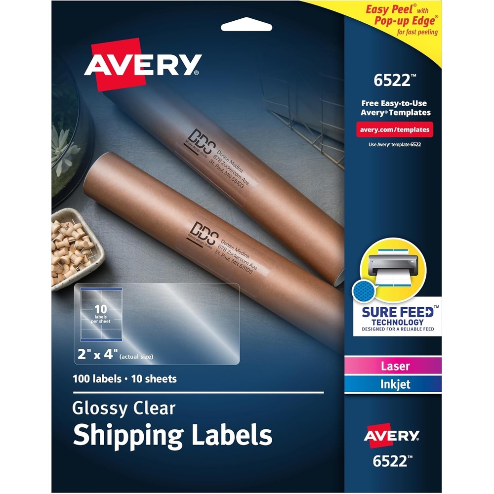 image:imageAvery Printable Shipping Labels Sure Feed Technology 2 x 4 Glossy Crystal Clear 100 Blank Mailing Labels 6522100 labels