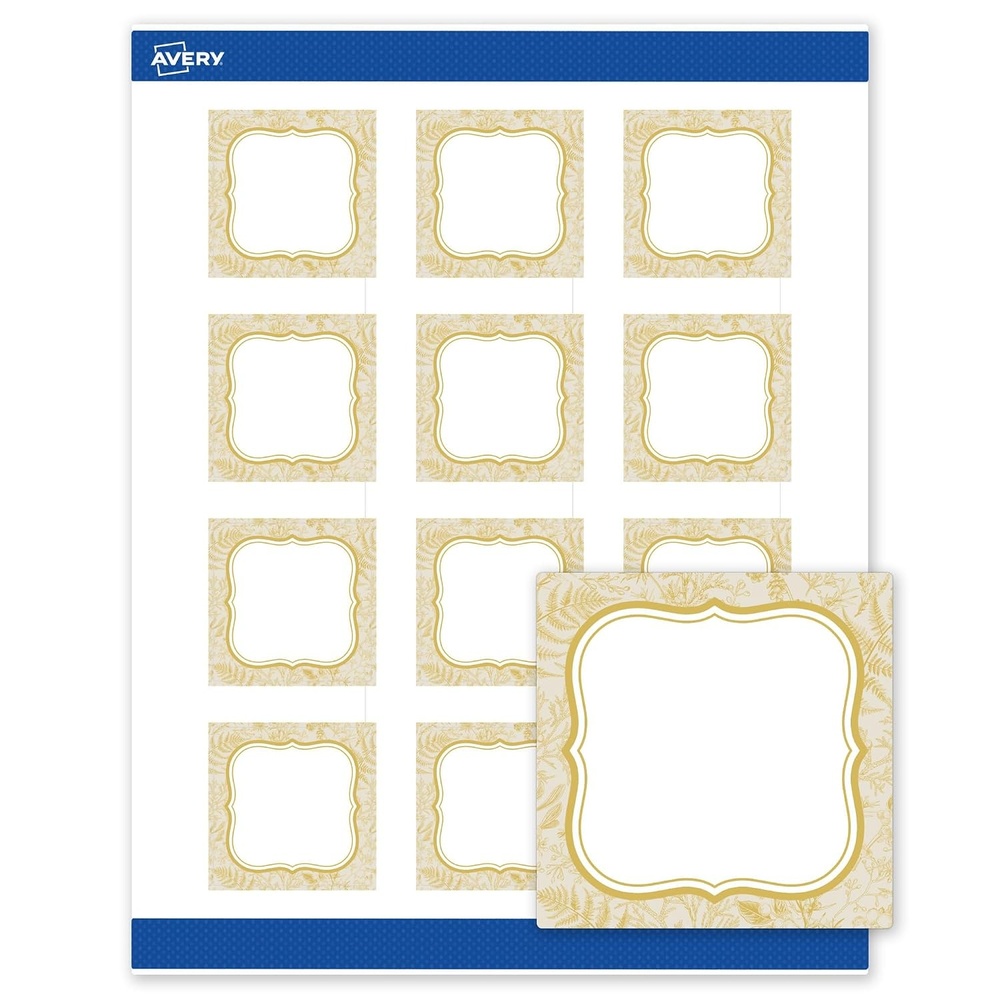 image:imageAvery Printable Square Labels Gold Border Gold Dots 2 x 2 Matte White Square Labels Permanent LaserInkjet 120ct Great for Product MerchandisingFlourished Metallic Gold Florals