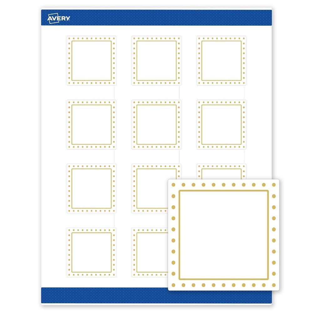 image:imageAvery Printable Square Labels Gold Border Gold Dots 2 x 2 Matte White Square Labels Permanent LaserInkjet 120ct Great for Product MerchandisingGold Border With Gold Dots