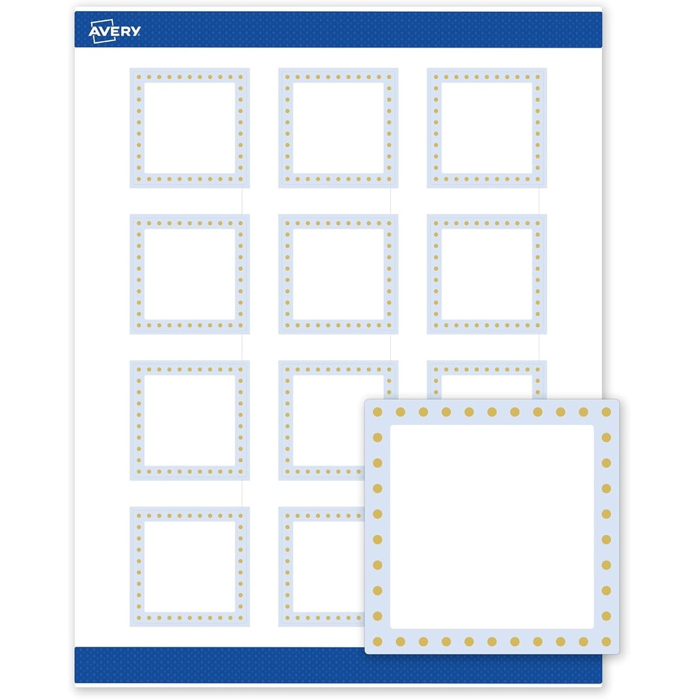 image:imageAvery Printable Square Labels Gold amp Navy Border Florals 2 x 2 Matte White Square Labels Permanent LaserInkjet 120ct Great for Product MerchandisingBlue Border With Gold Dots